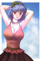  adapted_costume arms_behind_head blue_sky breasts brown_skirt cleavage cloud commentary_request day female hair_ornament highres jewelry kyabekko large_breasts leaf leaf_hair_ornament looking_at_viewer maple_leaf mirror necklace outdoors purple_hair red_eyes red_shirt shirt short_hair skirt sky sleeveless sleeveless_shirt solo touhou yasaka_kanako 