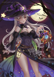  artist_name bare_shoulders black_dress black_hat breasts cleavage corrin_(female)_(fire_emblem) corrin_(female)_(halloween)_(fire_emblem) corrin_(fire_emblem) dress feet_out_of_frame female fire_emblem fire_emblem_fates fire_emblem_heroes frilled_sleeves frills full_moon grey_hair grin halloween halloween_costume hat highres juliet_sleeves lantern large_breasts long_hair long_sleeves looking_at_viewer moon night night_sky off-shoulder_dress off_shoulder official_alternate_costume one_eye_closed parted_lips patreon_username pointy_ears puffy_sleeves red_eyes revision ryuuneart side_slit sky smile solo standing thighs very_long_hair witch witch_hat 