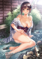  blush breasts brown_eyes brown_hair bush collarbone embarrassed female floral_print geta hair_up hand_on_floor highres japanese_clothes kimono large_breasts long_hair looking_at_viewer multicolored_clothes multicolored_kimono original outdoors parted_bangs plant river solo suihei_sen thighs yukata 