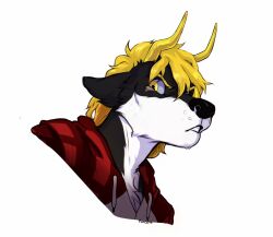  angry anthro canid canine canis confusion curled_hair fenzole_(artist) grumpy hair hi_res horn ignatius_walker_(walk-w-igny) igny_superstar looking_at_viewer looking_back male mammal solo superhero sweatshirt wolf 