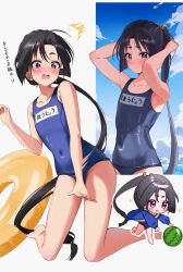  1boy ^^^ agetapan_ll alternate_costume armpits arms_behind_head arms_up bare_arms bare_legs bare_shoulders barefoot black_hair blue_one-piece_swimsuit blush character_name chibi chibi_inset commentary_request covered_navel embarrassed food fruit highres houjou_tokiyuki_(nige_jouzu_no_wakagimi) long_hair male_focus multiple_views name_tag nige_jouzu_no_wakagimi one-piece_swimsuit otoko_no_ko parted_bangs pink_eyes school_swimsuit sweatdrop swimsuit translation_request very_long_hair watermelon wet white_background 