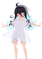  ahoge black_hair blue_hair breasts closed_eyes colored_inner_hair facing_viewer female hair_between_eyes highres large_breasts long_hair multicolored_hair open_mouth oppai_loli original outstretched_arms sakimori_dan see-through_clothes see-through_shirt shirt short_sleeves simple_background smile solo standing two-tone_hair white_background white_shirt 