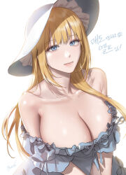  blonde_hair blue_dress blue_eyes blue_hat breasts character_request cleavage closed_mouth collarbone commentary_request copyright_request dress female frate_(fraternite) frilled_dress frills hat highres korean_commentary korean_text large_breasts off-shoulder_dress off_shoulder smile solo sun_hat translation_request upper_body 