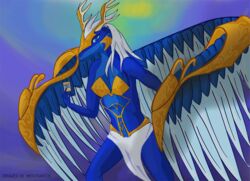  antlers blue_eyes bottomwear card clothing dragon duel_monster feathered_dragon feathered_scalie feathers female hair horn konami loincloth looking_at_viewer mercrantos mythological_creature mythological_scalie mythology saffira_queen_of_dragons scalie white_hair wings yu-gi-oh! 