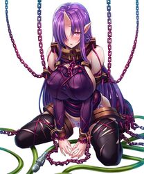  blush bondage bondage_clothes bondage_clothing breasts chains curvy demon_girl embarrassed female female horn huge_breasts lilith-soft long_hair looking_at_viewer nimie nipples no_bra panties purple_hair saijou_satoru shiny shiny_skin simple_background solo sweater taimanin_(series) taimanin_asagi taimanin_asagi_battle_arena thong white_background 