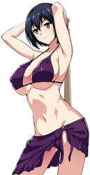  armpits arms_behind_head arms_up ass_visible_through_thighs bare_shoulders baseball_bat bikini black_eyes black_hair blush breasts cleavage collarbone commentary_request covered_nipples female holding joukamachi_no_dandelion large_breasts navel pole purple_bikini sakurada_kanade sarong short_hair simple_background smile solo swimsuit tomohiro_kai underboob white_background 