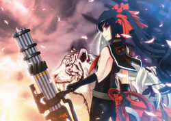  animal black_hair blade_&amp;_soul breasts commentary_request female gloves highres long_hair medium_breasts multicolored_hair photoshop_(medium) pohwaran red_eyes solo tiger two-tone_hair uiu weapon white_hair white_tiger 