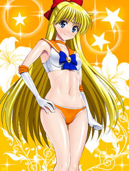  aino_minako bare_shoulders bishoujo_senshi_sailor_moon blonde_hair blue_bow blue_eyes blush bow bra breasts choker commentary_request elbow_gloves female gloves hairbow jewelry long_hair looking_at_viewer magical_girl navel orange_choker orange_panties orange_sailor_collar panties red_bow sailor_collar sailor_moon_narikiri_bra_set sailor_senshi_uniform sailor_venus sen_(sansui) small_breasts smile solo stomach tiara underwear underwear_only white_gloves 