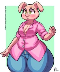  2019 anthro bottomwear breasts cleavage clothed clothing domestic_pig eyelashes female illumination_entertainment mammal pants rosita_(sing) shirt signature sing_(movie) solo suid suina sus_(pig) text thick_thighs topwear toto_draw url wide_hips yellow_eyes 