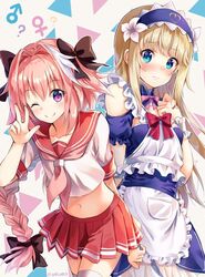  1boy 1other ? androgynous apron astolfo_(fate) astolfo_(sailor_paladin)_(fate) blonde_hair blue_eyes blush braid chevalier_d&#039;eon_(fate) chevalier_d&#039;eon_(maid_knight)_(fate) commentary_request crossdressing fate/apocrypha fate/grand_order fate_(series) hair_intakes hair_ribbon highres long_hair looking_at_viewer maid male_focus mars_symbol navel nonono_(nononotea) oerba_yun_fang official_alternate_costume one_eye_closed open_mouth otoko_no_ko pink_hair purple_eyes ribbon school_uniform single_braid smile venus_symbol 