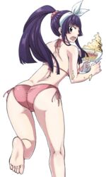  ass back barefoot bikini blunt_bangs blush brown_eyes dropping fairy_tail feet female food from_behind hair_ribbon holding ice_cream kagura_mikazuchi kneepits long_hair mashima_hiro mg_renders official_art open_mouth pink_bikini ponytail purple_hair ribbon scrunchie side-tie_bikini_bottom soles solo spoon standing standing_on_one_leg string_bikini sundae swimsuit toes transparent_background white_ribbon 