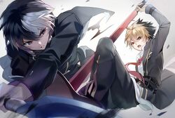  2boys battle black_hair blonde_hair commentary dagger dyed_bangs jacket kido_hyde knife multicolored_hair multiple_boys necktie qitoli red_eyes seth_(under_night_in-birth) sword under_night_in-birth weapon white_hair 