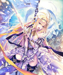  armored_boots banner blonde_hair blue_eyes blue_footwear boots collarbone commentary_request detached_sleeves dress female floating_hair flower granblue_fantasy hair_flower hair_ornament highres hisakata_souji holding holding_sword holding_weapon jeanne_d&#039;arc_(granblue_fantasy) layered_dress long_hair looking_at_viewer open_mouth sleeveless sleeveless_dress solo standing sword thigh_boots thighhighs very_long_hair weapon white_dress white_flower 