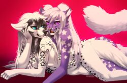  2017 5_fingers anthro blue_eyes breasts canid canine canis domestic_cat domestic_dog featureless_breasts felid feline felis female fingers fur hair hi_res kero_tzuki mammal pink_nose purple_body purple_eyes purple_fur simple_background smile vindictiivespet white_hair 