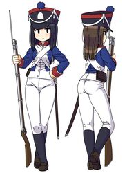  2girls antique_firearm ass bayonet black_eyes black_hair blue_jacket brown_hair collar commentary_request contrapposto crossed_ankles crossed_belts epaulettes firelock flintlock gun hand_on_own_hip hat holding holding_gun holding_weapon jacket leaning_on_object long_hair maruput military military_uniform multiple_girls musket original pants red_collar shako_cap sheath sheathed shoes shoulder_strap socks standing standing_on_one_leg sword uniform weapon white_background 