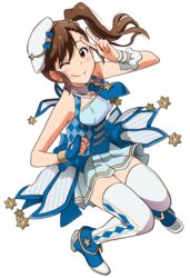  ;) absurdres akizuki_ritchan asymmetrical_gloves blue_bow blue_gloves blue_necktie blue_skirt blush bow brown_eyes brown_hair choker commentary_request female fingerless_gloves floating_hair full_body futami_mami gloves hat hat_bow highres idolmaster idolmaster_(classic) long_hair looking_at_viewer miniskirt necktie one_eye_closed pleated_skirt short_necktie side_ponytail skirt smile solo thighhighs transparent_background twinkle_star_(idolmaster) uneven_gloves v white_hat white_thighhighs wrist_cuffs zettai_ryouiki 