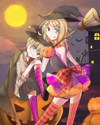  1boy :p backless_dress backless_outfit bat_(animal) black_cat blonde_hair blue_eyes bow_skirt broom cape commentary dress feline female grin hair_ornament halloween_costume hat head_tilt heterochromia jack-o&#039;-lantern kagamine_len kagamine_rin knee_to_face kneehighs looking_at_viewer looking_back medium_hair moon night night_sky puffy_short_sleeves puffy_sleeves pumpkin purple_legwear red_eyes sazanami_(ripple1996) short_sleeves skirt sky smile socks standing star_(sky) star_(symbol) striped_clothes striped_thighhighs thighhighs tongue tongue_out vertical-striped_clothes vertical-striped_thighhighs vocaloid witch_hat 