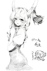  2girls bad_id bad_twitter_id blush bow chibi chibi_inset colored_pencil_(medium) downscaled dress ex-keine from_side fujiwara_no_mokou greyscale hair_ornament hair_ribbon hairbow highres horn_ornament horn_ribbon horns jpeg_artifacts kamishirasawa_keine long_hair looking_at_viewer looking_to_the_side md5_mismatch monochrome multiple_girls open_mouth oshake puffy_sleeves resized ribbon short_sleeves simple_background smile text_focus touhou traditional_media translation_request white_background 