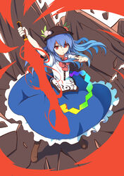  blue_hair commentary_request female food fruit geokinesis hat hinanawi_tenshi long_hair long_skirt peach red_eyes rock skirt solo sword sword_of_hisou touhou weapon yuugiri_(u-slash) 