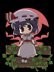  backlighting bat_wings black_background blue_hair bow brick_wall chibi commentary dress eyebrows female frilled_shirt_collar frills full_body hat hat_ribbon mob_cap moon night night_sky osaragi_mitama plant puffy_short_sleeves puffy_sleeves red_bow red_eyes red_moon red_ribbon remilia_scarlet ribbon short_hair short_sleeves sitting sky smile solo touhou vines wings wrist_cuffs 