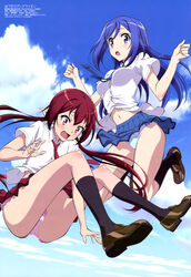  2girls absurdres blue_eyes blue_hair blue_panties blush brown_eyes brown_hair cloud day highres joukamachi_no_dandelion legs long_hair low_twintails megami_magazine midair multiple_girls necktie non-web_source official_art open_mouth panties pantyshot pink_panties sakurada_akane sakurada_aoi school_uniform sky socks tanazawa_kaori twintails underwear 