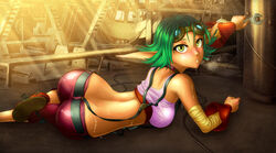  ass blush female goggles green_eyes green_hair jak_(series) keira_hagai looking_at_viewer pointy_ears suspenders sweat yuqoi 