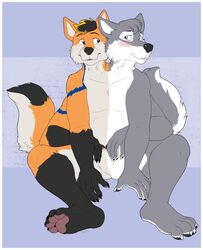  2_heads anthro avoid_posting blush canid canine canis conjoined featureless_crotch feet fox gamerwolf hi_res huffzie klotzzilla male mammal merging multi_arm multi_head multi_limb multi_tail pawpads paws plantigrade sitting soles solo tail wolf 