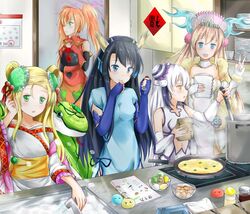  5girls bad_id bad_pixiv_id bare_shoulders black_hair blonde_hair blue_eyes bubblie_(p&amp;d) calendar_(object) china_dress chinese_clothes cookie dress egg elbow_gloves fingerless_gloves flamie_(p&amp;d) food frying_pan gloves gold_egg_(p&amp;d) green_eyes haku_(p&amp;d) horns karin_(p&amp;d) konka ladle leilan_(p&amp;d) long_hair meimei_(p&amp;d) multiple_girls notebook open_mouth photoshop_(medium) pot puzzle_&amp;_dragons red_hair sakuya_(p&amp;d) shynee_(p&amp;d) silver_hair smile twintails 