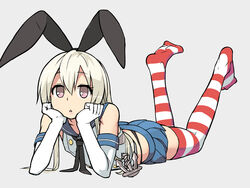  anchor black_panties blonde_hair commentary_request elbow_gloves female flat_chest gloves hair_ornament hair_ribbon highleg highleg_panties kantai_collection long_hair lying on_stomach panties pink_eyes ribbon sailor_collar shimakaze_(kancolle) skirt solo striped_clothes striped_thighhighs thighhighs triangle_mouth underwear white_gloves yuugiri_(u-slash) 