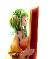  bad_id bad_pixiv_id bare_shoulders black_ribbon breasts choker cleavage closed_eyes crying dress evillious_nendaiki female flower framed frills glassred_no_shouzou_(vocaloid) green_hair gumi gumina_glassred highres holding imminent_kiss kissing_picture orange_dress portrait_(object) ribbon seasnow short_hair side_ponytail sidelocks tears vocaloid 