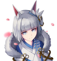  absurdres animal_ears aoi_kumo_(diberzs) azur_lane blue_eyes blunt_bangs commentary_request eyeliner eyeshadow female fox_ears fox_girl fox_mask fur_trim highres japanese_clothes kaga_(azur_lane) kaga_(white_fox&#039;s_new_year)_(azur_lane) kimono kitsune makeup mask mask_on_head official_alternate_costume solo white_hair white_kimono 