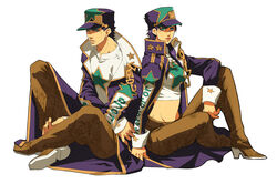  1boy bad_id bad_pixiv_id blue_eyes chains dual_persona female genderswap_(mtf) hat jojo_no_kimyou_na_bouken kujo_jotaro long_coat midriff purple_hair rule_63 sitting tktg 