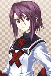  checkered_background commentary_request female hair_between_eyes highres kurokawa_(silve) long_sleeves looking_at_viewer photoshop_(medium) purple_eyes purple_hair short_hair short_hair_with_long_locks sidelocks smile solo summon_night summon_night_2 toris turtleneck upper_body 