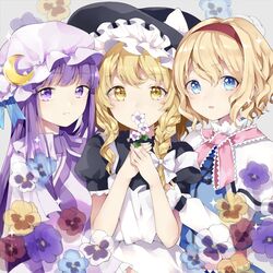  3girls alice_margatroid apron black_hat black_shirt blonde_hair blue_dress blue_eyes blue_flower blue_pansy blue_ribbon bow braid breasts capelet commentary_request crescent crescent_hat_ornament dress flower frilled_shirt_collar frilled_sleeves frills grey_background hair_between_eyes hairband hairbow hands_up hat hat_bow hat_ornament hat_ribbon highres holding holding_flower kirisame_marisa long_hair long_sleeves medium_breasts mob_cap multiple_girls necktie pansy parted_lips patchouli_knowledge pink_necktie pink_sash puffy_short_sleeves puffy_sleeves purple_capelet purple_dress purple_eyes purple_flower purple_hair purple_hat purple_pansy red_flower red_hairband red_pansy ribbon risui_(suzu_rks) sash shirt short_hair short_sleeves sidelocks simple_background single_braid smile sparkle striped_clothes striped_dress touhou upper_body vertical-striped_clothes vertical-striped_dress white_apron white_bow white_flower wide_sleeves witch_hat yellow_eyes yellow_flower yellow_pansy 