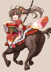  arrow_(projectile) bow_(weapon) brown_background brown_hair centaur commentary_request female hair_ornament highres japanese_clothes long_hair looking_at_viewer monster_girl no_pussy open_mouth original pointy_ears ponytail red_eyes simple_background taur weapon wide_sleeves yuugiri_(u-slash) 