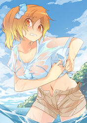  blonde_hair blush cloud commentary_request day female kagerou_project kisaragi_momo midriff navel orange_eyes outdoors scrunchie see-through shirt side_ponytail sky solo tied_shirt total9 wading water wet wet_clothes 