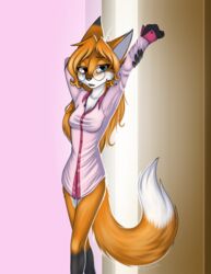  2017 5_fingers amber_(mancoin) anthro black_body black_fur black_nose blue_eyes bottomless breasts canid canine clothed clothing digital_media_(artwork) eyebrows eyelashes eyewear female fingers fox foxyverse fur glasses hair half-closed_eyes heterochromia hi_res long_hair looking_at_viewer mammal mancoin medium_breasts messy_hair morning multicolored_body multicolored_fur narrowed_eyes nerd open_mouth orange_body orange_fur pajamas red_eyes signature simple_background solo stretching teeth tongue white_body white_fur 