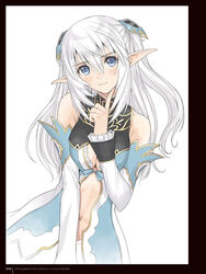  altina_(shining_blade) bare_shoulders blue_eyes breasts center_opening cleavage cleavage_cutout closed_mouth clothing_cutout detached_sleeves elf female frills hair_between_eyes hair_ornament half_updo highres long_hair medium_breasts navel navel_cutout official_art page_number pointy_ears shining_(series) shining_blade simple_background skirt sleeveless smile solo tony_taka turtleneck two_side_up upper_body white_background white_hair 