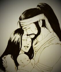  2boys absurdres baby bald black_hair blush commentary_request crying da-da family father_and_son female group_hug hanzo_hasashi happy harumi_shirai highres hug husband_and_wife long_hair monochrome mortal_kombat_(series) mortal_kombat_x mother_and_son multiple_boys satoshi_hasashi scorpion_(mortal_kombat) sobbing streaming_tears tearing_up tears very_long_hair 