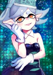  +_+ black_dress blush breasts cleavage commentary_request daichi_midori detached_collar dress earrings female gloves grey_hair inkling jewelry lipstick makeup marie_(splatoon) mole mole_under_eye orange_eyes pink_lips pointy_ears short_hair small_breasts smile solo sparkle splatoon_(series) splatoon_1 strapless strapless_dress symbol-shaped_pupils tentacle_hair white_gloves 