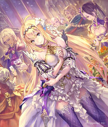  beard black_hair blonde_hair blue_eyes breasts brown_hair choker cleavage cleavage_cutout clothing_cutout collarbone commentary_request cup detached_sleeves dress drinking_glass dutch_angle facial_hair floating_hair flower gloves granblue_fantasy hair_flower hair_ornament hair_over_one_eye hand_fan head_tilt highres hisakata_souji holding holding_cup holding_fan jeanne_d&#039;arc_(granblue_fantasy) layered_dress long_hair looking_back medium_breasts multiple_boys multiple_girls one_eye_closed parted_lips purple_legwear red_eyes side_ponytail sleeveless sleeveless_dress solo_focus thighhighs very_long_hair white_dress white_flower white_gloves white_hair 