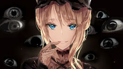  absurdres black_background black_choker black_hat blonde_hair blue_eyes choker commentary_request eien_no_juu_nana-sai eye_focus eyeball female finger_to_mouth folded_ponytail gloves hat highres jewelry lace lace_gloves looking_at_viewer mob_cap pendant portrait sidelocks smile solo touhou yakumo_yukari 