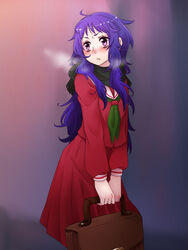  bad_id bad_pixiv_id bag blush breath commentary_request female kalanchoe_xxxx kirisame_ga_furu_mori long_hair purple_eyes purple_hair sakuma_miyako scarf school_uniform serafuku 