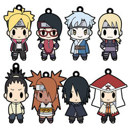  2girls 6+boys akimichi_chouchou boruto:_the_movie cape chibi cloak d4_series forehead_protector glasses keychain mitsuki_(naruto) multiple_boys multiple_girls nara_shikadai naruto official_art simple_background uchiha_sarada uchiha_sasuke uzumaki_boruto uzumaki_naruto whiskers yamanaka_inojin 