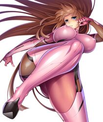  aoi_nagisa_(metalder) ass blue_eyes bodysuit boots breasts breasts_apart brown_hair commentary_request covered_nipples elbow_gloves female fishnets floating_hair gloves highres impossible_bodysuit impossible_clothes kicking koukawa_asuka large_breasts long_hair looking_at_viewer ninja official_art parted_lips pink_bodysuit shiny_clothes simple_background skin_tight solo taimanin_(series) taimanin_asagi taimanin_asagi_kessen_arena thighhighs thighs turtleneck very_long_hair white_background 