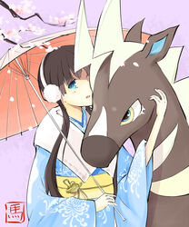  :o absurdres alternate_costume bad_id bad_pixiv_id black_hair blue_eyes cherry_blossoms chinese_zodiac commentary_request earmuffs elesa_(pokemon) female headpat highres japanese_clothes kimono long_hair new_year oil-paper_umbrella parasol photoshop_(medium) pokemon pokemon_(creature) pokemon_bw2 tree umbrella yaya_lyj23 year_of_the_horse yellow_eyes zebstrika 