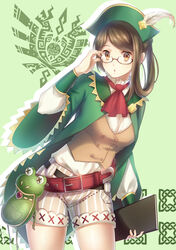  adjusting_eyewear bad_id bad_pixiv_id belt bicorne brown_eyes brown_hair clipboard commentary_request feathers female glasses guildmarm_(monster_hunter) hat hat_feather long_hair monster_hunter_(series) monster_hunter_4 photoshop_(medium) pouch semi-rimless_eyewear shorts solo under-rim_eyewear yezhi_na 