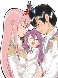  1boy 2girls bangs black_hair blossomppg blue_horns carrying closed_eyes couple darling_in_the_franxx eyebrows_visible_through_hair fringe hiro_(darling_in_the_franxx) horns long_hair military military_uniform multiple_girls oni_horns pink_hair purple_hair red_horns short_hair straight tears uniform zero_two_(darling_in_the_franxx) 