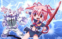  cosplay gamagoori_ira gamagoori_ira_(cosplay) kaname_madoka kill_la_kill kyuubee mahou_shoujo_madoka_magica matoi_ryuuko matoi_ryuuko_(cosplay) midriff pink_hair senketsu smile 