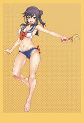  :d armpits back_bow barefoot bishoujo_senshi_sailor_moon bishoujo_senshi_sailor_moon_(first_season) black_hair blue_panties blue_sailor_collar border bow bra breasts brown_eyes choker cleavage collarbone commentary_request cosplay feet female full_body hair_bun halftone halftone_background highres holding holding_wand ichijou_hotaru kubu_kurin long_hair maboroshi_no_ginzuishou medium_breasts moon_stick_(sailor_moon) navel non_non_biyori open_mouth orange_background outstretched_arm panties photoshop_(medium) red_choker sailor_collar sailor_moon sailor_moon_(cosplay) sailor_moon_narikiri_bra_set sailor_senshi_uniform side_ponytail sidelocks single_hair_bun smile solo teeth transformation_brooch_(sailor_moon) underwear underwear_only wand 